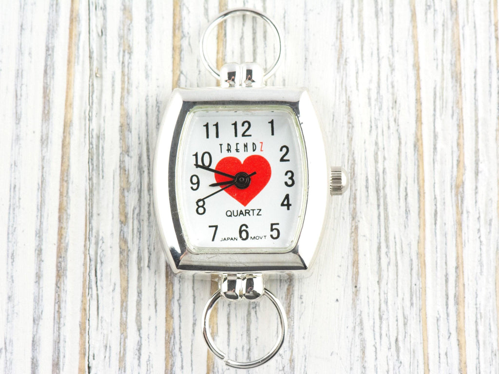 Red Heart White Dial Silvertone Square Rectangle Watch Face • DIY Beading Watch • Jewelry Making • Analog • Loops and Battery Included