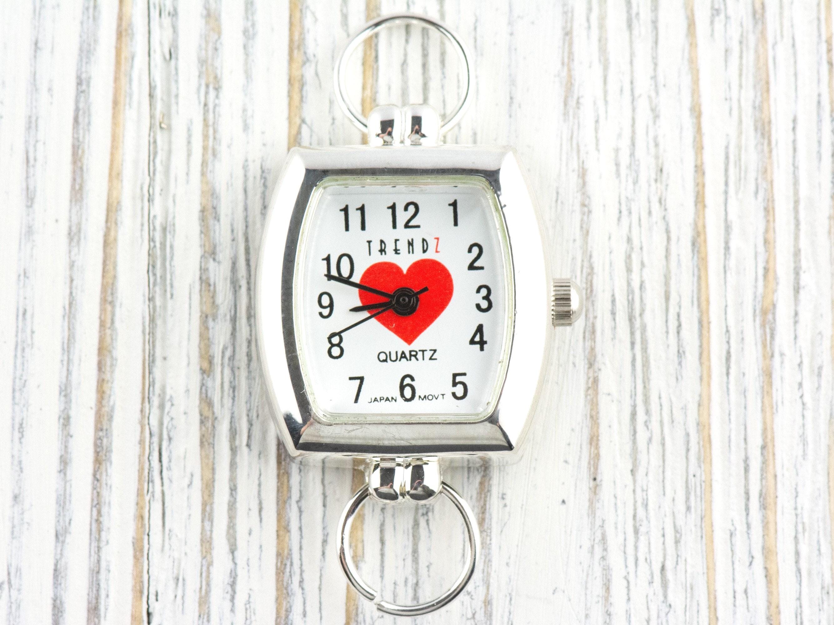 Red Heart White Dial Silvertone Square Rectangle Watch Face • DIY Beading Watch • Jewelry Making • Analog • Loops and Battery Included