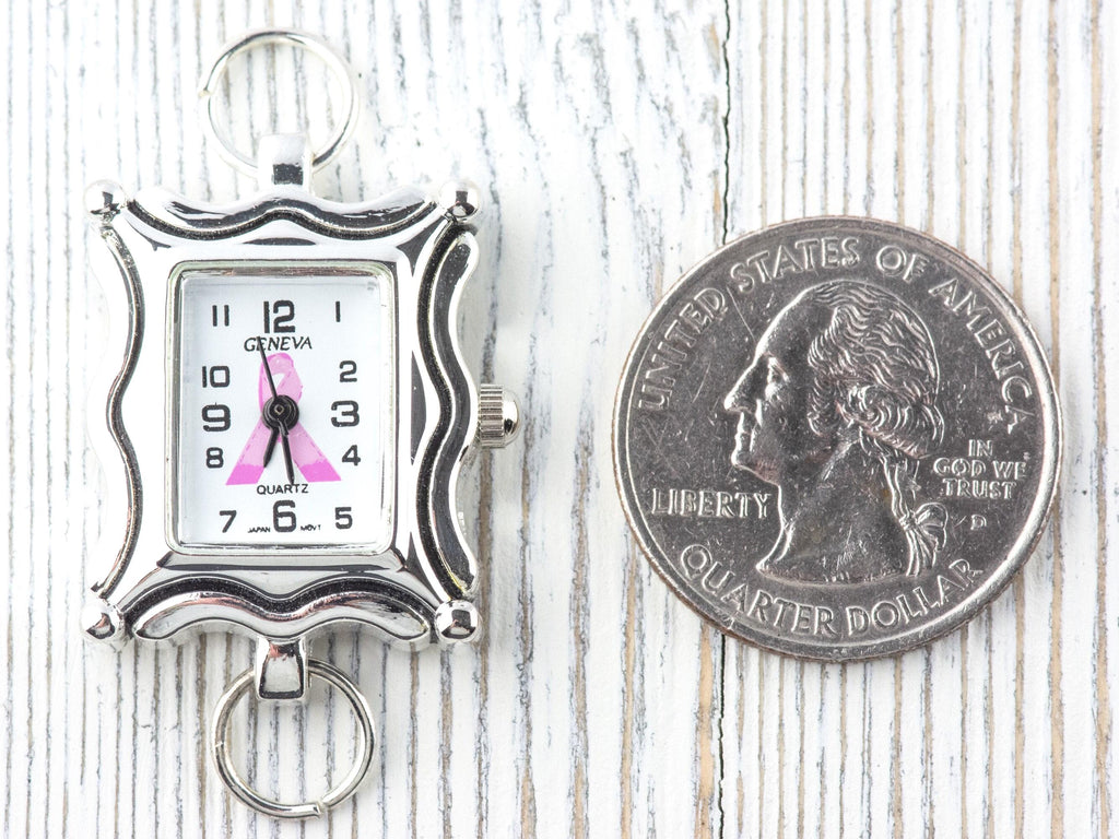 Pink Ribbon Silvertone Square Watch Face • White Dial • DIY Beading Watch • Jewelry Making • Analog • Loops and Battery Included