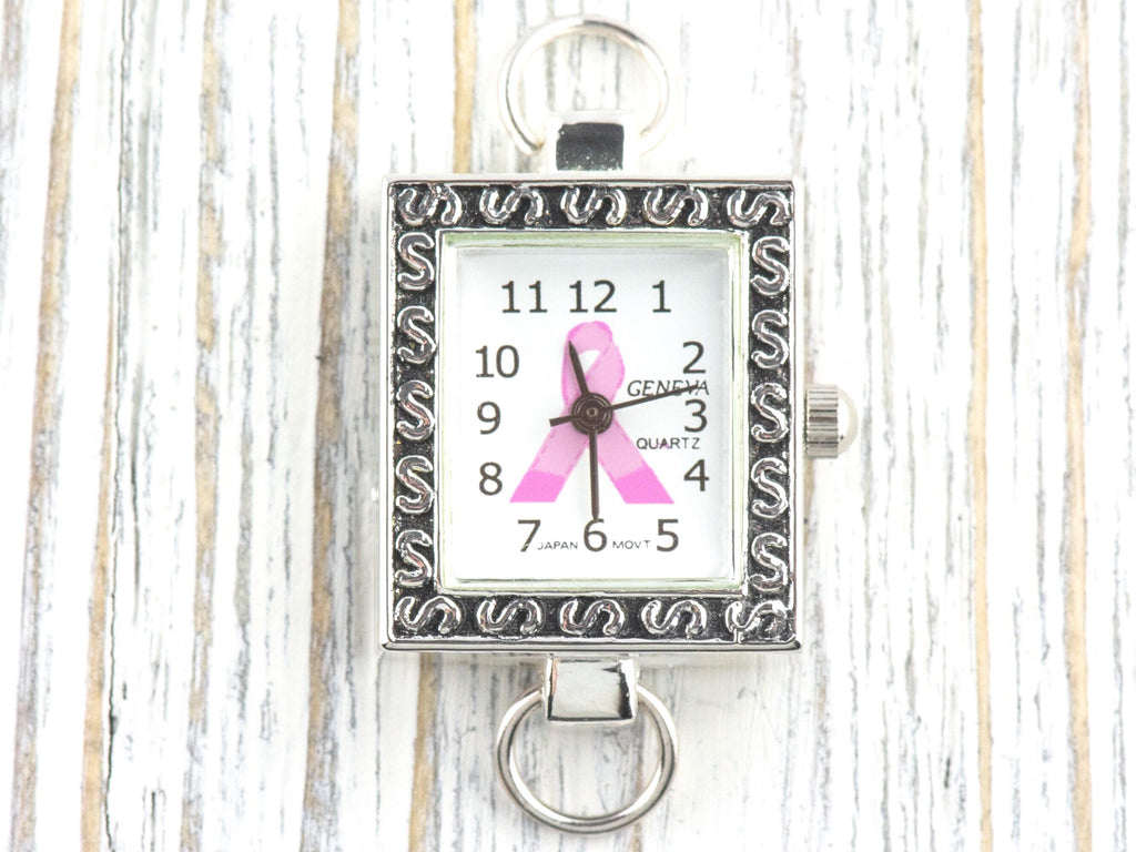 Pink Ribbon Silvertone Square Watch Face • White Dial • DIY Beading Watch • Jewelry Making • Analog • Loops and Battery Included