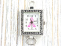 Pink Ribbon Silvertone Square Watch Face • White Dial • DIY Beading Watch • Jewelry Making • Analog • Loops and Battery Included
