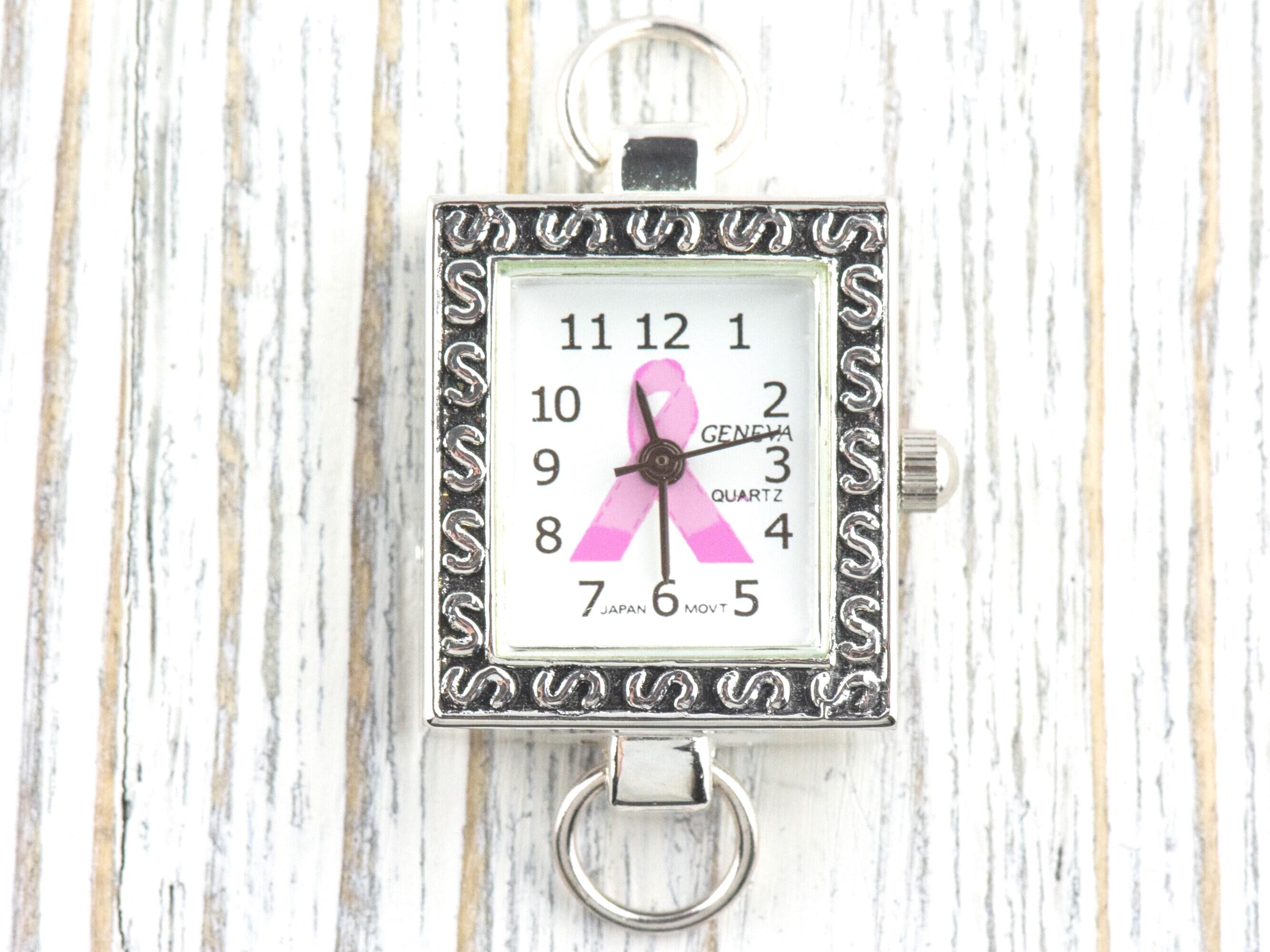 Pink Ribbon Silvertone Square Watch Face • White Dial • DIY Beading Watch • Jewelry Making • Analog • Loops and Battery Included