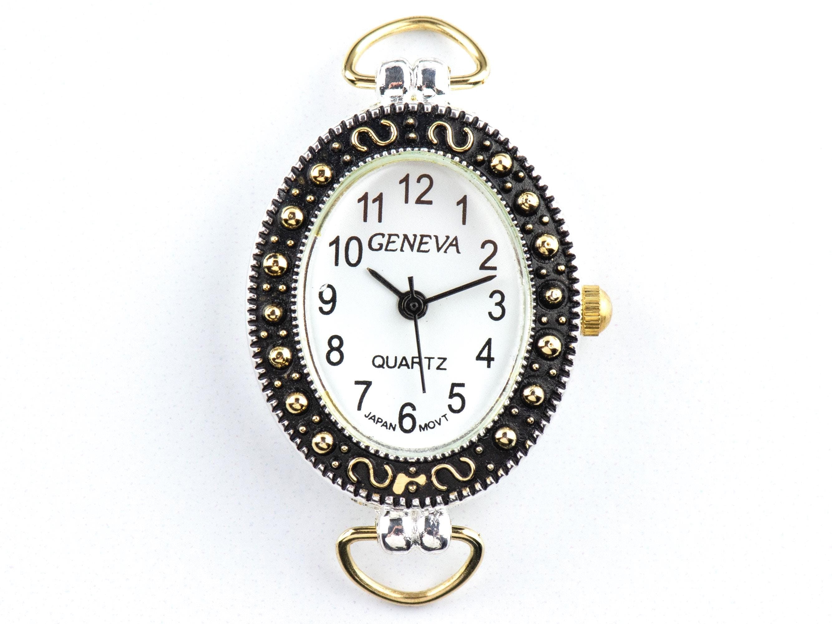 White Dial Marcasite Two-Tone Oval Watch Face • DIY Beading Watch • Jewelry Making • Analog • Loops and Battery Included