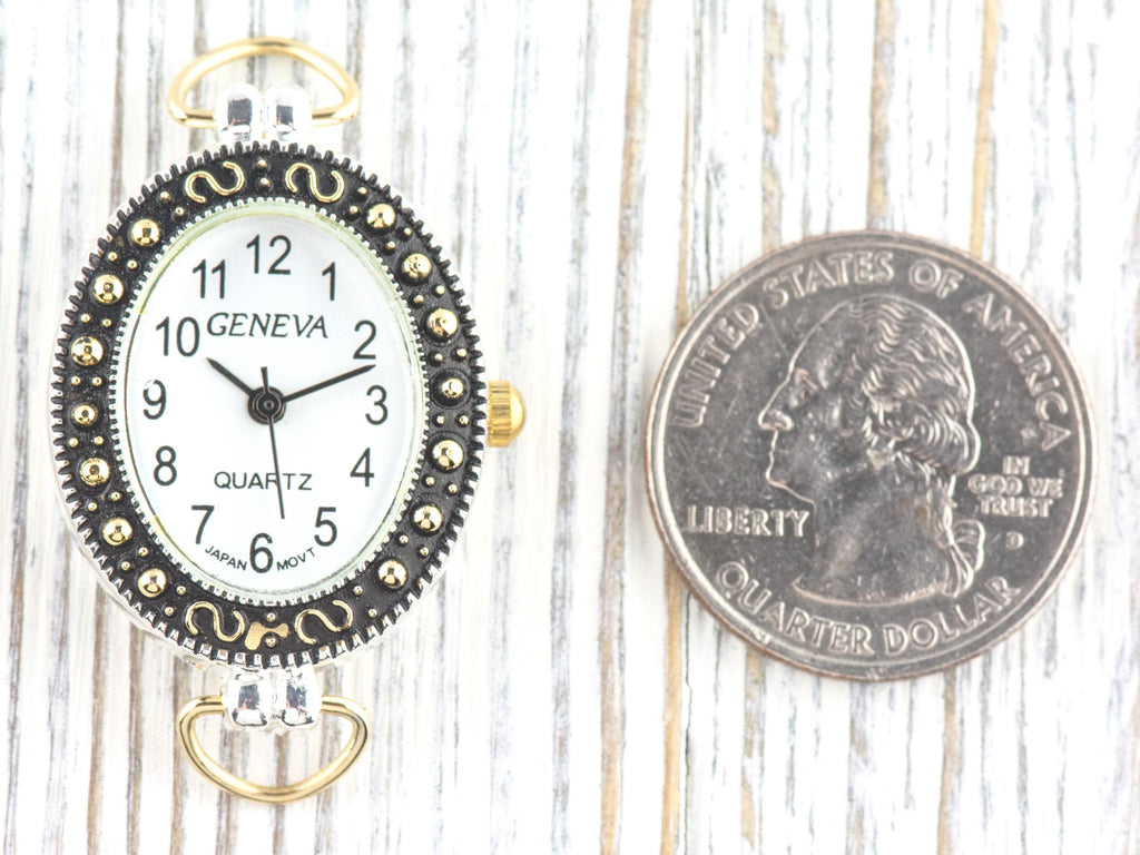 White Dial Marcasite Two-Tone Oval Watch Face • DIY Beading Watch • Jewelry Making • Analog • Loops and Battery Included