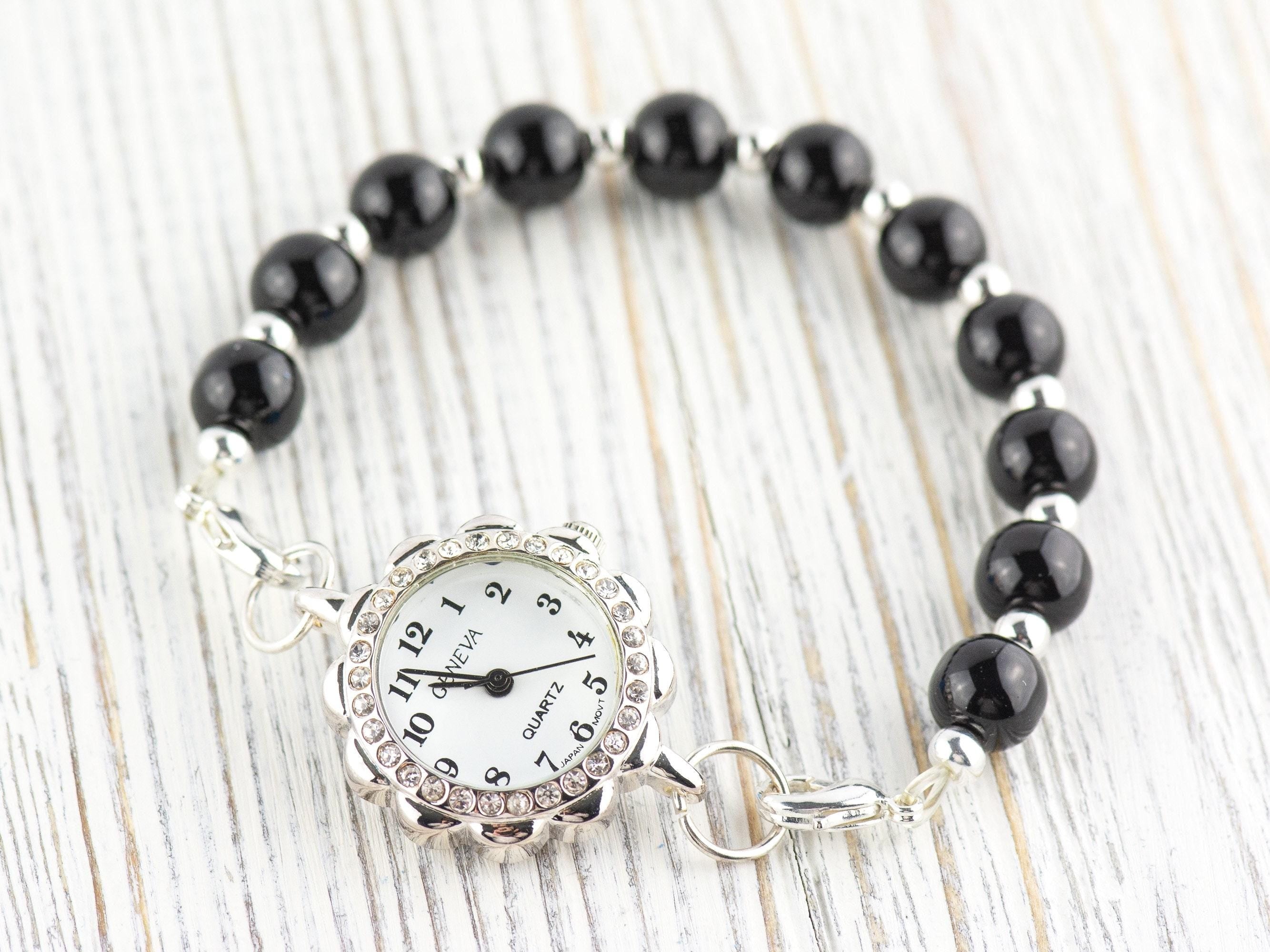 White Dial Rhinestone-Studded Silvertone Flower Watch Face • DIY Beading Watch • Jewelry Making • Analog • Loops and Battery Included