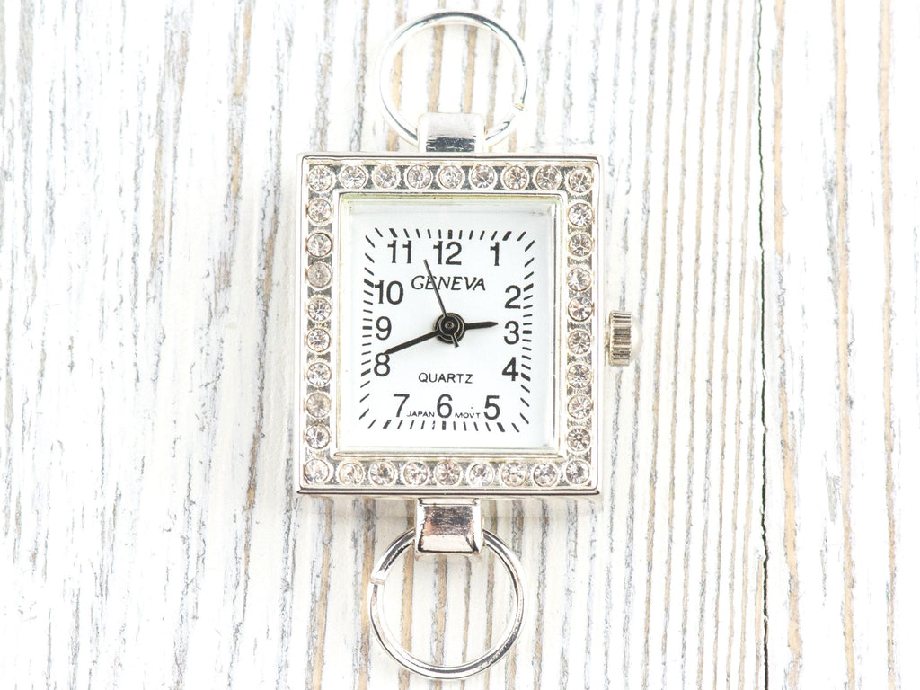 White Dial Rhinestone-Studded Silvertone Square Watch Face • DIY Beading Watch • Jewelry Making • Analog • Loops and Battery Included
