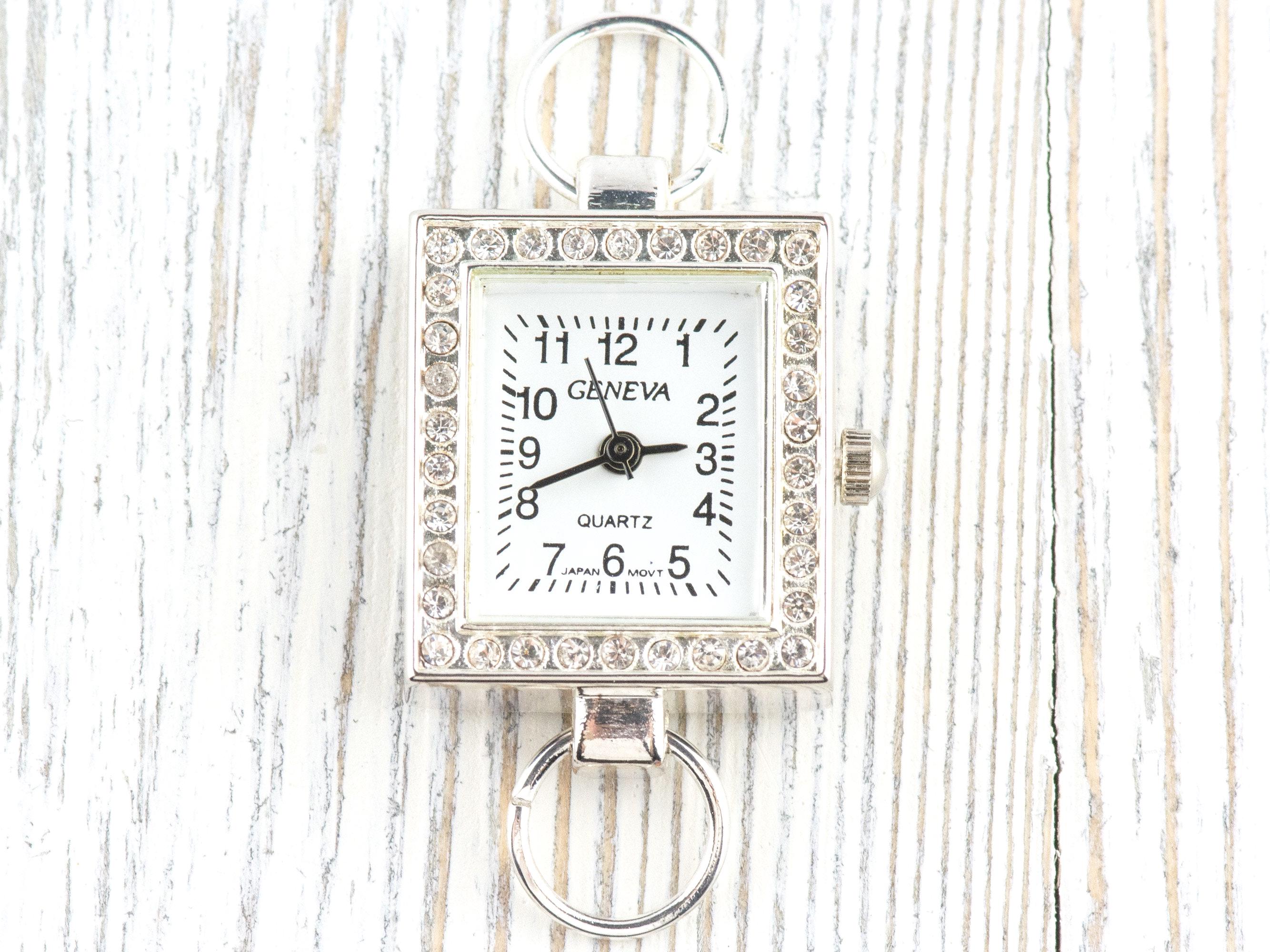 White Dial Rhinestone-Studded Silvertone Square Watch Face • DIY Beading Watch • Jewelry Making • Analog • Loops and Battery Included