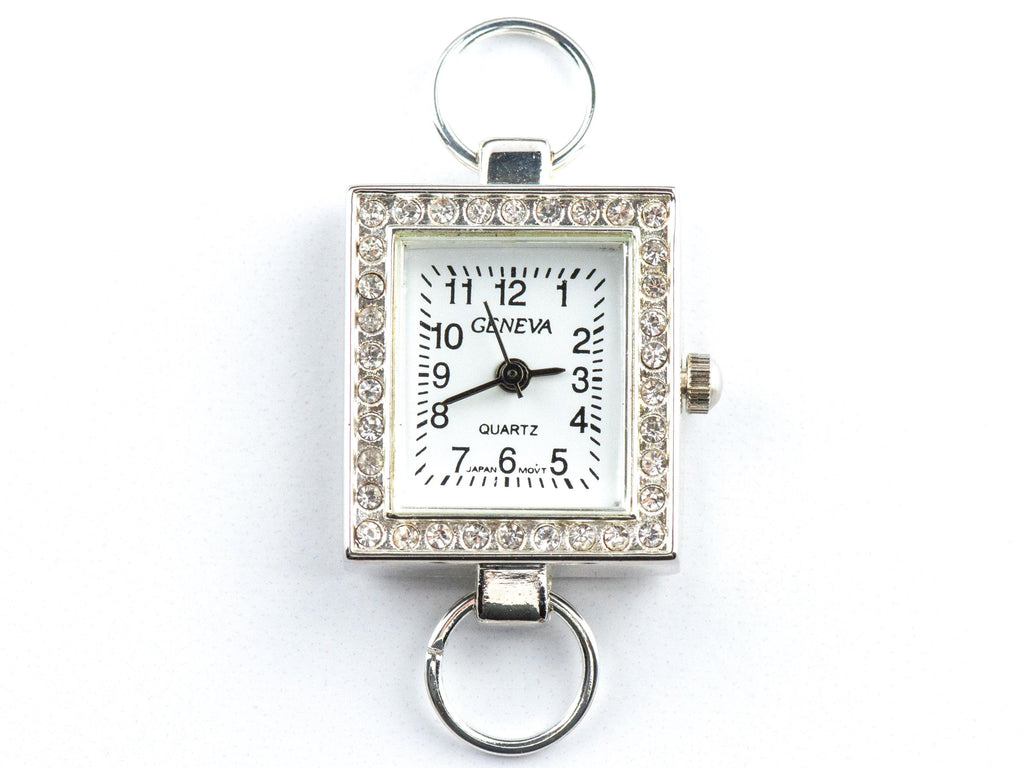 White Dial Rhinestone-Studded Silvertone Square Watch Face • DIY Beading Watch • Jewelry Making • Analog • Loops and Battery Included