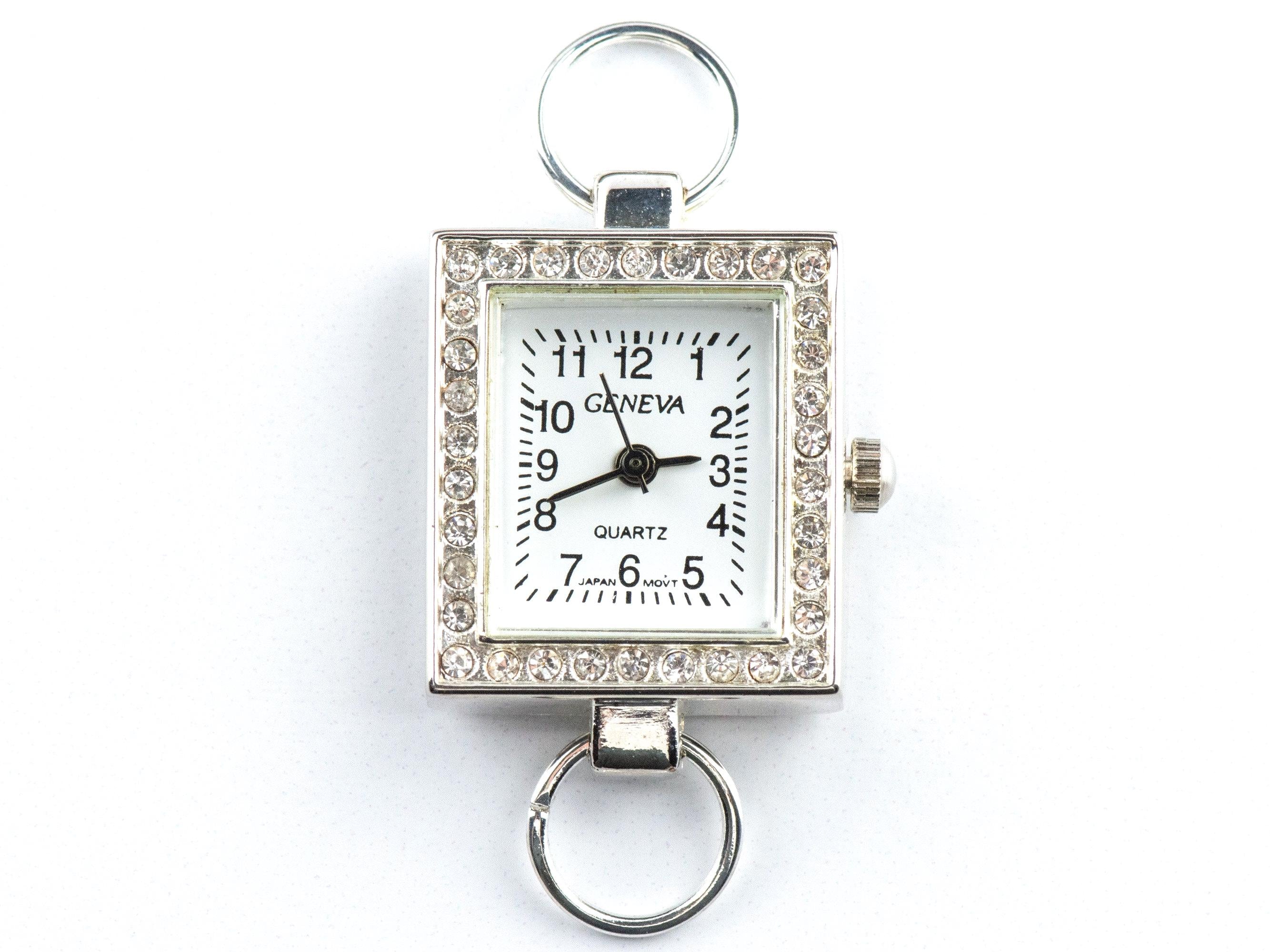 White Dial Rhinestone-Studded Silvertone Square Watch Face • DIY Beading Watch • Jewelry Making • Analog • Loops and Battery Included