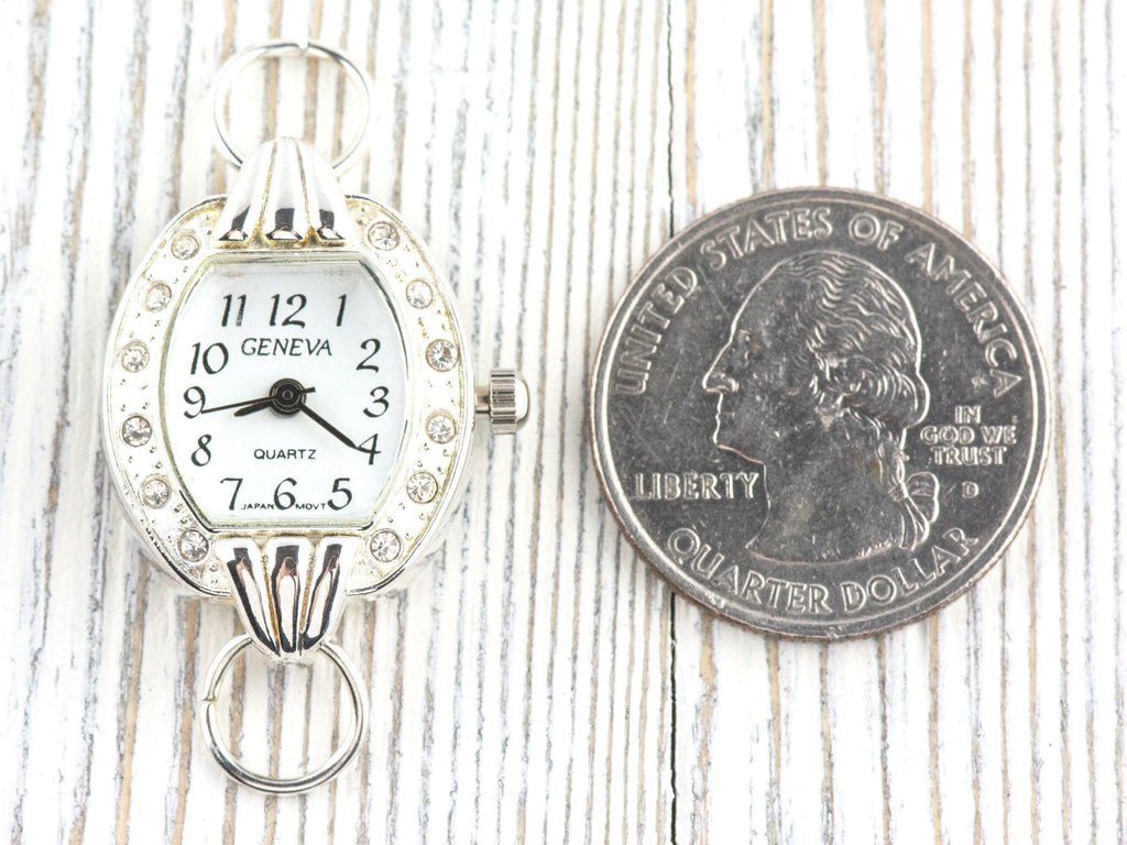 White Dial Rhinestone-Studded Silvertone Square Watch Face • DIY Beading Watch • Jewelry Making • Analog • Loops and Battery Included