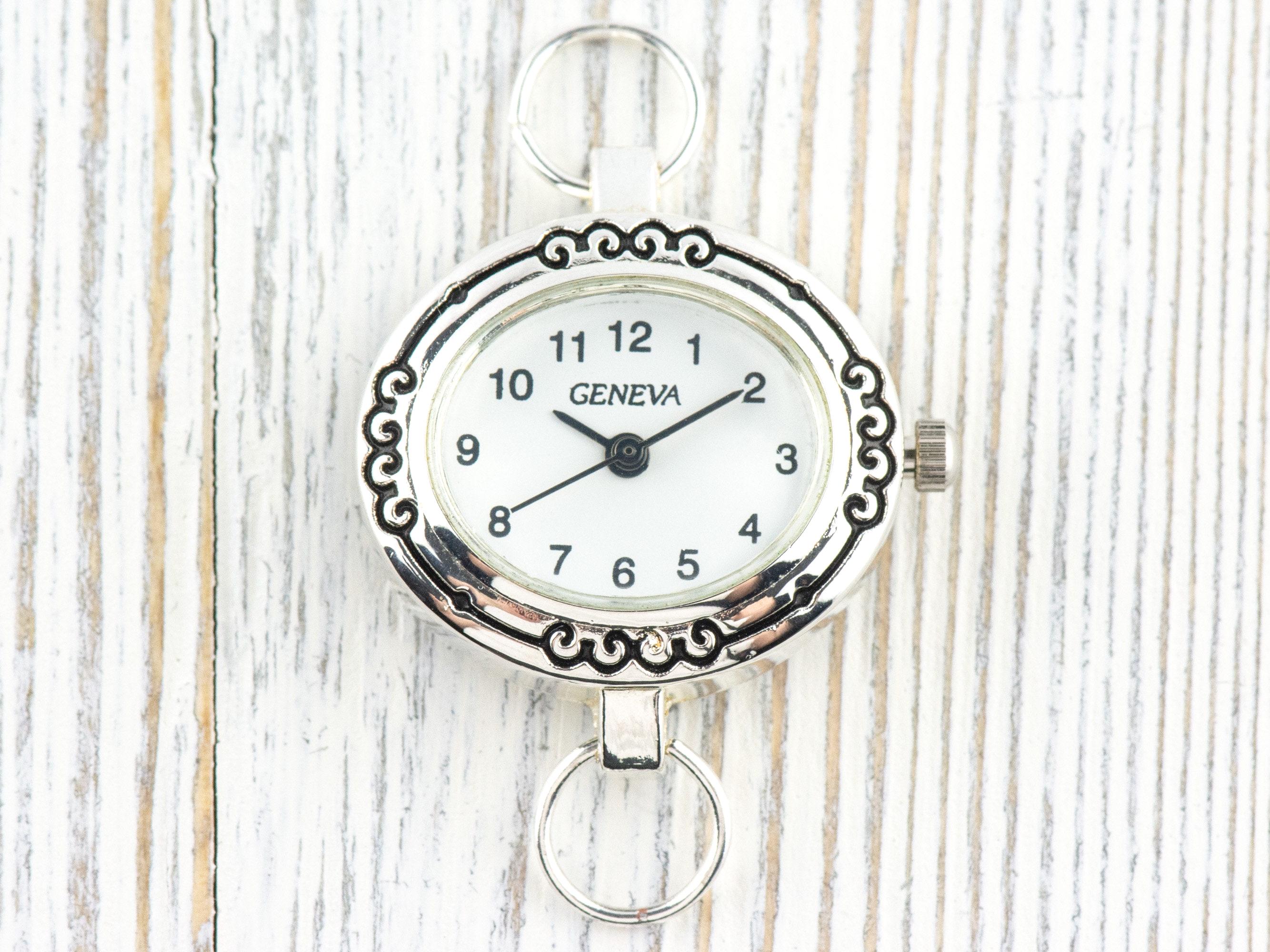 White Dial Silvertone Oval Swirl Watch Face • DIY Beading Watch • Jewelry Making • Analog • Loops and Battery Included