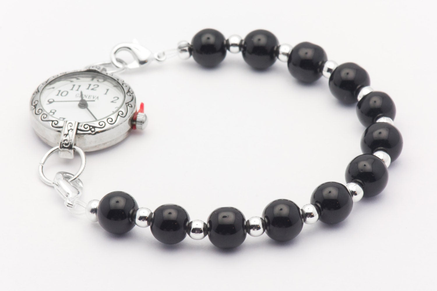 Black Glass Round Stretch Interchangeable Beaded Bracelet Watch Band, Medical ID Bracelet, Bracelet Watch Band - L, XL